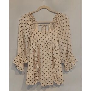 Altar'd State Womens Cream & Black Floral Open Back Ruffle Blouse Size Medium